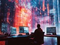 A lone hacker works in a digital city.