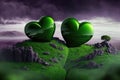 ai generated love wallpaper with 2 greenhearts on a scotish landscape, generative ai couple romance background