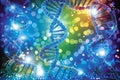 Luminous cyan and violet DNA strands intertwining against a backdrop of neon lights, reflecting the interplay of light and life