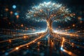 AI generated luminous digital tree formed by flowing data lines and glowing particles representing artificial intelligence Royalty Free Stock Photo