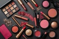 AI-generated luxurious cosmetics flat lay with lipsticks, blush, and eyeshadow palette Royalty Free Stock Photo