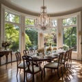 AI generated luxurious dining room with a grand chandelier hanging from the ceiling