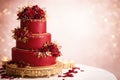 Luxurious Red Wedding Cake With Gold Details And Soft Elegant Background Royalty Free Stock Photo
