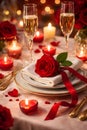 Elegant Romantic Dinner Table With Red Roses Champagne And Candlelight Royalty Free Stock Photo