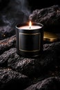 Luxury Black Candle With Soft Flame On Dark Volcanic Stone Background Royalty Free Stock Photo