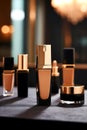 Luxury Foundation Bottle Display In Warm Ambient Light Creating Elegant Professional Beauty Aesthetic Royalty Free Stock Photo