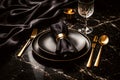 Elegant Black And Gold Luxury Table Setting With Refined Fine Dining Atmosphere Royalty Free Stock Photo