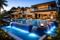 Luxury Modern Villa With Cascading Pool And Fire Features Representing Exclusive Resort Lifestyle Royalty Free Stock Photo