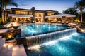 Luxury Modern Villa With Illuminated Pool And Waterfall Representing Exclusive Lifestyle And Architecture Royalty Free Stock Photo