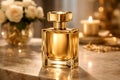 Golden Luxury Perfume Bottle On Marble Surface With Warm Ambient Light Royalty Free Stock Photo