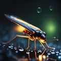 AI generated macro photograph of a firefly perched on dew drops