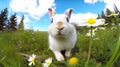 AI generated macro shot of a rabbit among tall grass and wildflowers on a sunny day