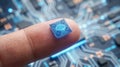 AI microchip on fingertip macro shot with futuristic circuit background Royalty Free Stock Photo