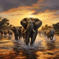 the magnificent sight of a herd of elephants crossing a wide river by AI generated