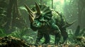 AI-generated majestic dinosaurs in a prehistoric landscape. Triceratops. The concept of time when dinosaurs ruled the