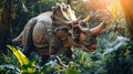 AI-generated majestic dinosaurs in a prehistoric landscape. Triceratops. The concept of time when dinosaurs ruled the