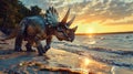 AI-generated majestic dinosaurs in a prehistoric landscape. Triceratops. The concept of time when dinosaurs ruled the