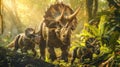 AI-generated majestic dinosaurs in a prehistoric landscape. Triceratops. The concept of time when dinosaurs ruled the