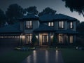 A large house lit up at night with lights on Royalty Free Stock Photo