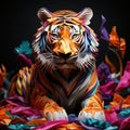 A majestic tiger, crafted with vibrant origami folds, pouncing from a paper forest by AI generated
