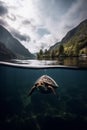 Ai generated majestic turtle gracefully swimming in a serene lake surrounded by breathtaking mountains