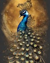 AI-generated Lovely Peacock with round golden starry background