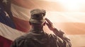 AI generated male soldier in full military uniform saluting American flag with respect and reverence