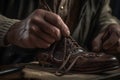 AI generated man placing the sole of a shoe in the dark