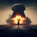 A man standing in front of a giant mushroom nuclear explosion, Made with Generative AI