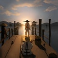 A man standing on a pier with a hat on