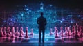 A man in a suit stands on a large chessboard, facing a digital chess interface with glowing grid lines and virtual elements