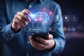 AI generated man using smartphone with digital brain interface ai assistant icons chatbot microphone automation smart technology Royalty Free Stock Photo