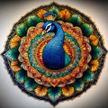 AI generated mandala artwork showcasing a blue peacock surrounded by flowery design