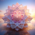 AI-Generated Mandala Flower Floating on Water in Sunrise Hues