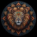 Ornate mandala of a lion, on a black background. Generative AI.