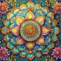 AI generated mandala style vividly colourful intricate artwork with flowers in the backdrop Royalty Free Stock Photo