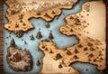 An AI-generated map for adventure games. Terrain and river. Vintage style map Royalty Free Stock Photo