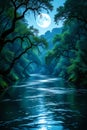 Mystical Full Moon Illuminating Enchanted Forest River Royalty Free Stock Photo