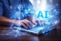 AI generated medical AI data analysis with researcher using laptop holographic human model DNA visualization and intelligent Royalty Free Stock Photo