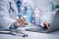 AI generated medical professional analyzing digital human health data with holographic body visualization biometric indicators Royalty Free Stock Photo