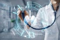 AI generated medical professional using stethoscope with digital lung interface health data visualization and smart diagnostic Royalty Free Stock Photo
