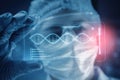 AI generated medical scientist interacting with holographic dna interface in advanced laboratory representing genomics Royalty Free Stock Photo