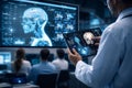 AI generated medical specialists analyze digital brain imaging on large displays using advanced radiology data analytics Royalty Free Stock Photo