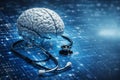 AI generated medical technology image featuring human brain connected to stethoscope on digital data network symbolizing brain Royalty Free Stock Photo