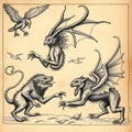 AI-generated medieval bestiary with vintage mythical creatures and ancient folklore manuscript Royalty Free Stock Photo