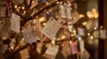 AI-Generated Message tree adorned with handwritten notes and lights, indoor event Royalty Free Stock Photo