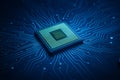 AI generated microchip with glowing blue circuit lines representing high tech processing digital hardware and fast data Royalty Free Stock Photo