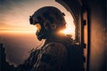 AI generated military man looking through airplane window