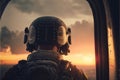 AI generated military man looking through airplane window