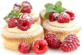 Mini cheesecakes with fresh raspberries and mint leaves, served on a white plate for a delicious and elegant dessert option